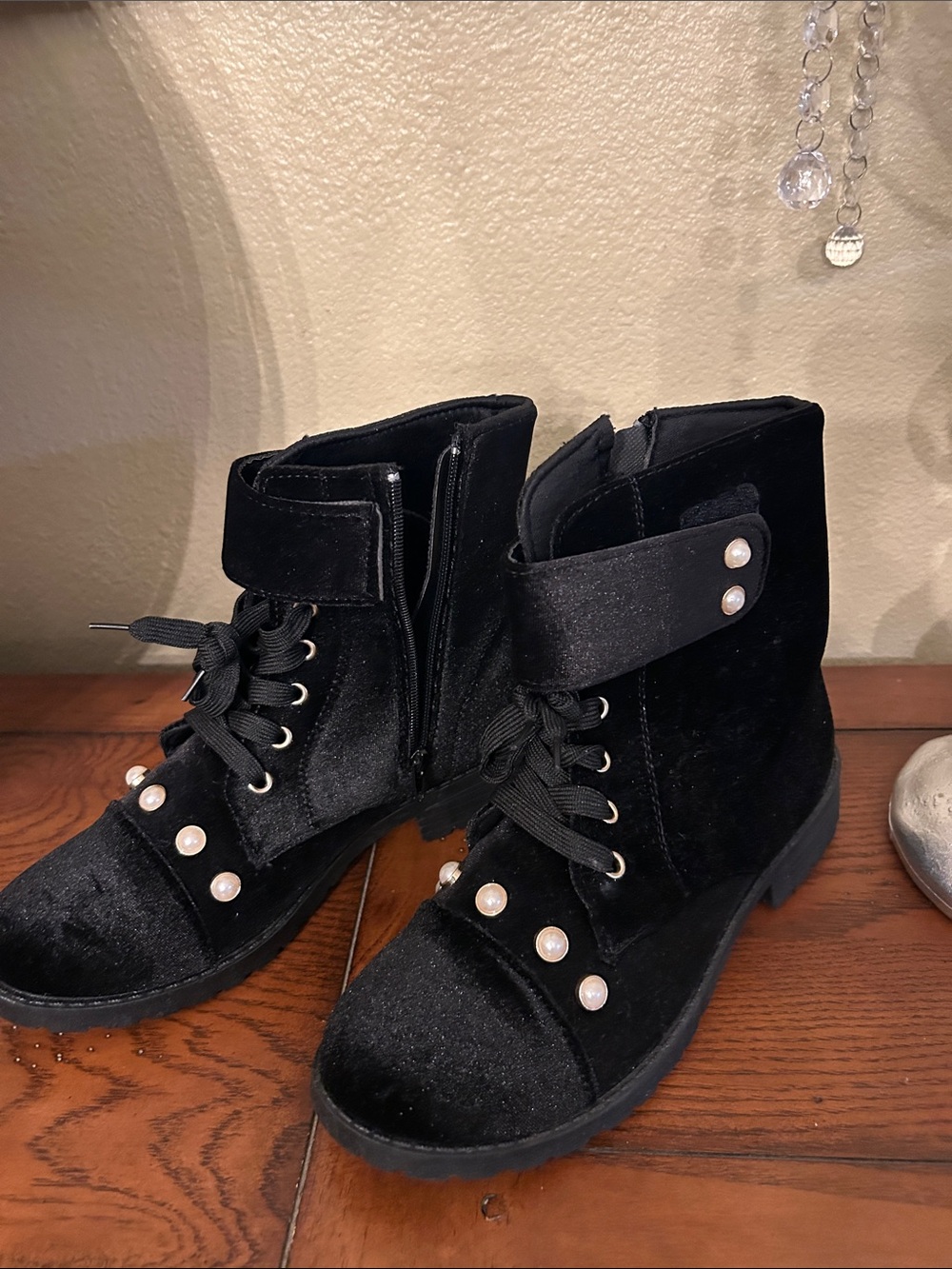 Yoki Black Velvet Lace-Up Ankle Boots with Pearl Accents